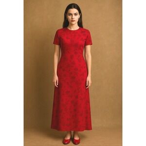 Liz Clairborne Silk Red Floral Maxi Dress Sz 6 Vintage 90s Minimalist Artsy Chic